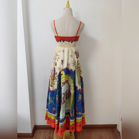 ALEMAIS Surrealist Summer Sleeveless Linen Midi Sundress